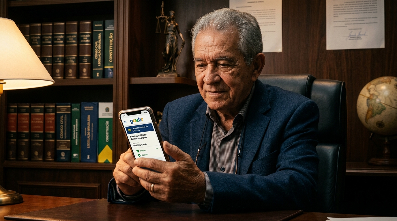 Aposentado verificando aplicativo oficial no celular em ambiente seguro
