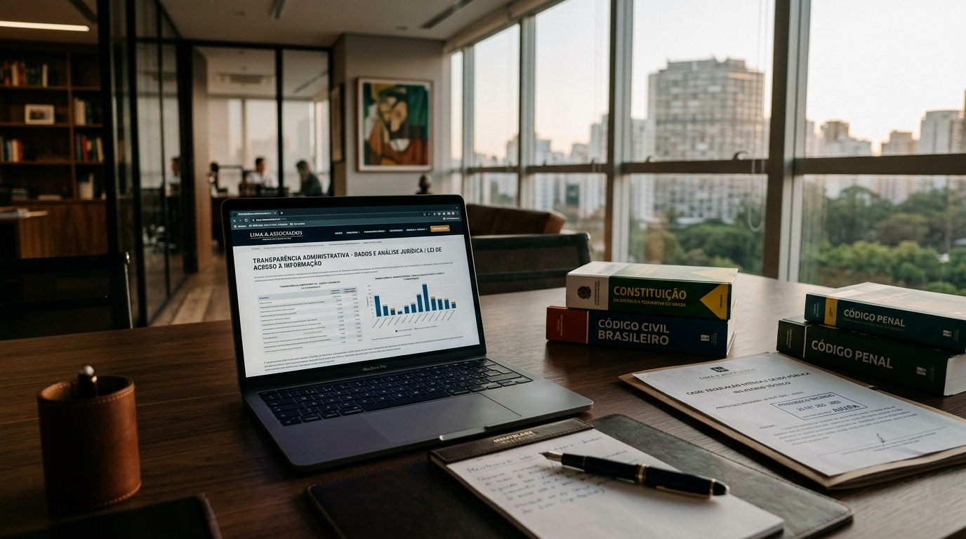Mesa de escritório de advocacia com notebook exibindo dados de transparência e legislação brasileira